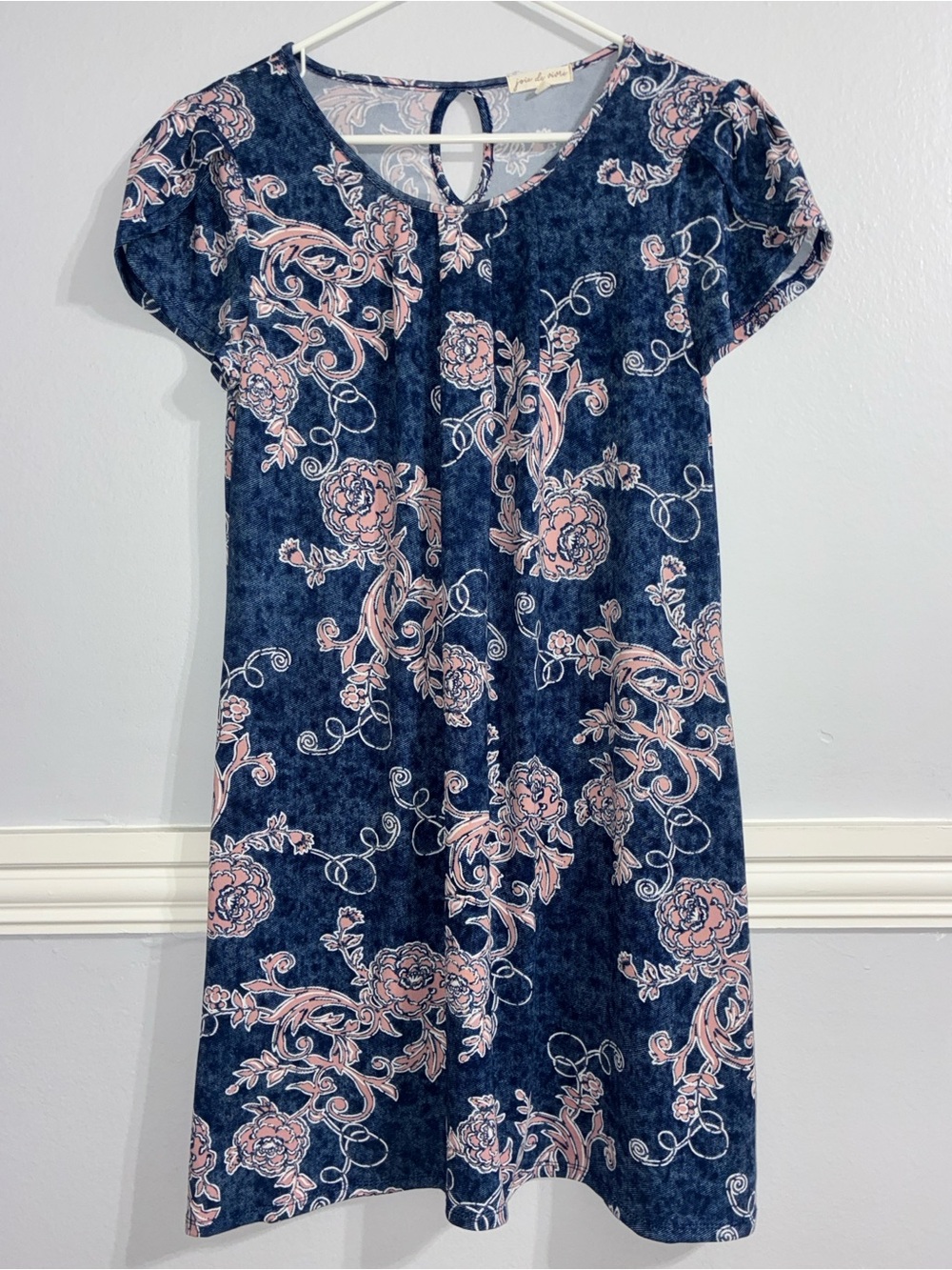 Joie De Vivre Blue Pink Floral A-Line Dress S Tulip Cap Sleeve Boho Cottagecore